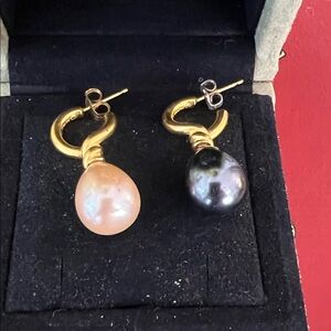 Gold Twisted Hoop Earrings with Pearl Drops - Pink & Black